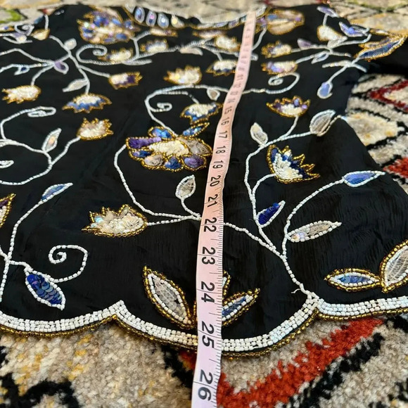 Vintage 80s Stenay Womens Blouse Top Size XL Black 100% Silk Beaded Floral Zip - Picture 8 of 10